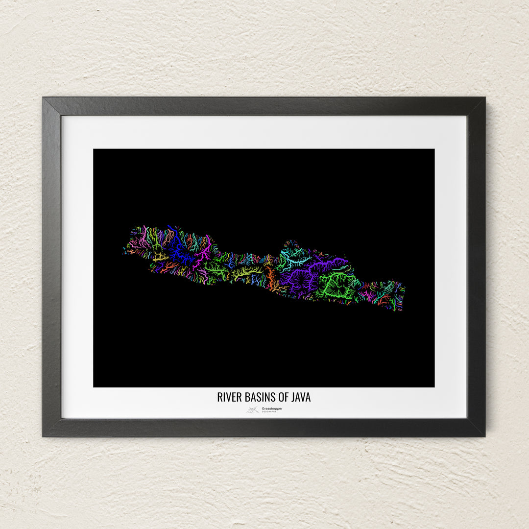 A colorful Grasshopper Geography river map on a light wall. The premium fine art poster is in a black frame with a white border. The name of the country, continent or region is printed under the image.
