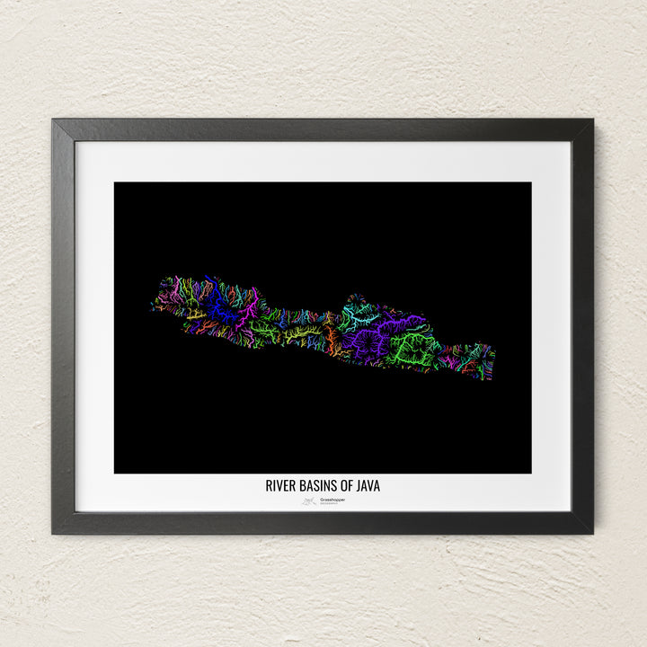 A colorful Grasshopper Geography river map on a light wall. The premium fine art poster is in a black frame with a white border. The name of the country, continent or region is printed under the image.