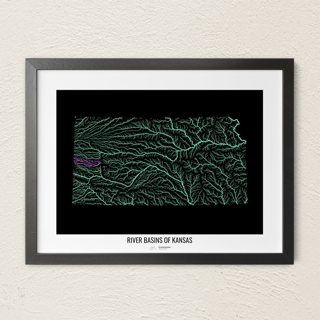 A colorful Grasshopper Geography river map on a light wall. The premium fine art poster is in a black frame with a white border. The name of the country, continent or region is printed under the image.