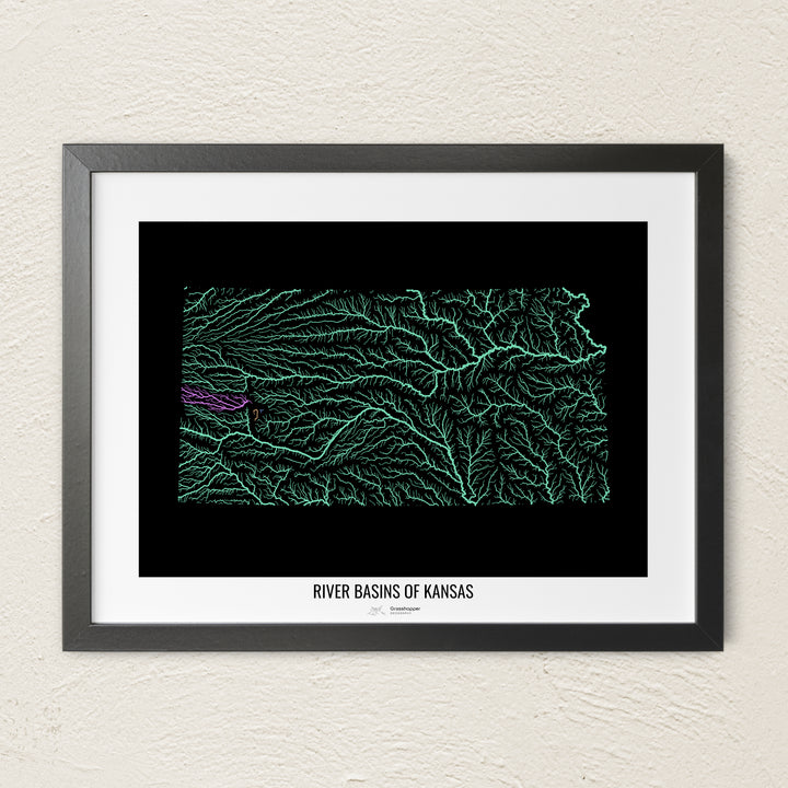 A colorful Grasshopper Geography river map on a light wall. The premium fine art poster is in a black frame with a white border. The name of the country, continent or region is printed under the image.