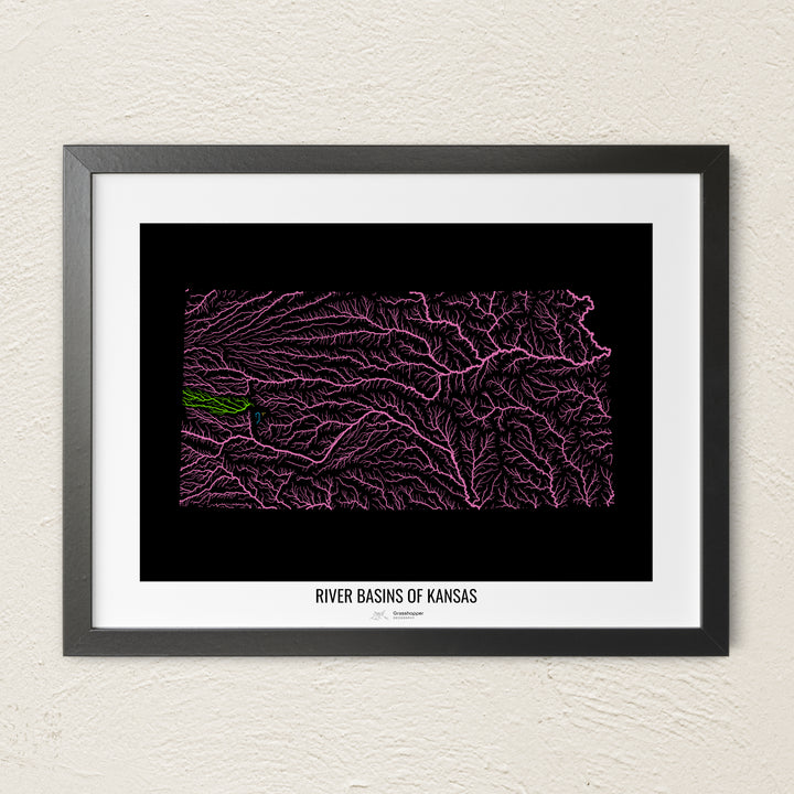 A colorful Grasshopper Geography river map on a light wall. The premium fine art poster is in a black frame with a white border. The name of the country, continent or region is printed under the image.