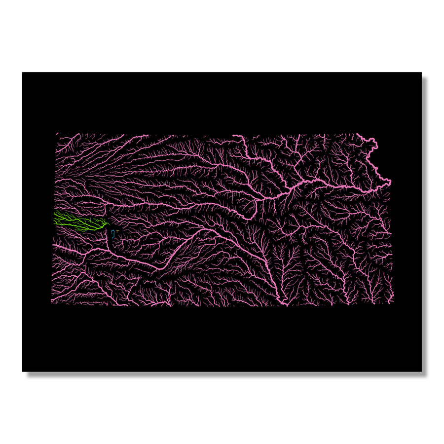 Kansas - River basin map, rainbow colours - Wall Art by Grasshopper Geography. Image of a high-resolution map created by geographer Robert Szucs, available as wall art and for licensing.