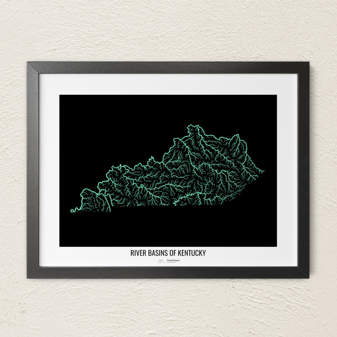 A colorful Grasshopper Geography river map on a light wall. The premium fine art poster is in a black frame with a white border. The name of the country, continent or region is printed under the image.