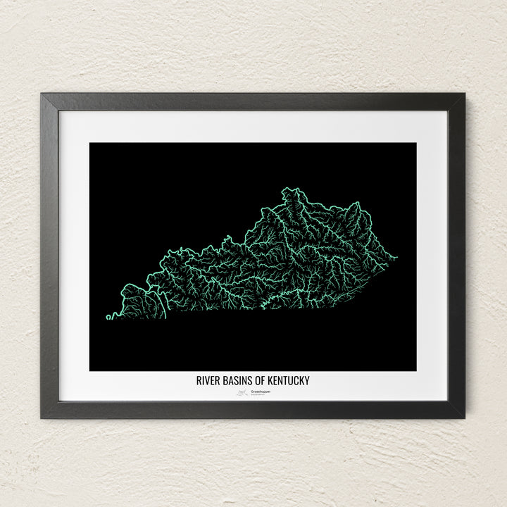 A colorful Grasshopper Geography river map on a light wall. The premium fine art poster is in a black frame with a white border. The name of the country, continent or region is printed under the image.