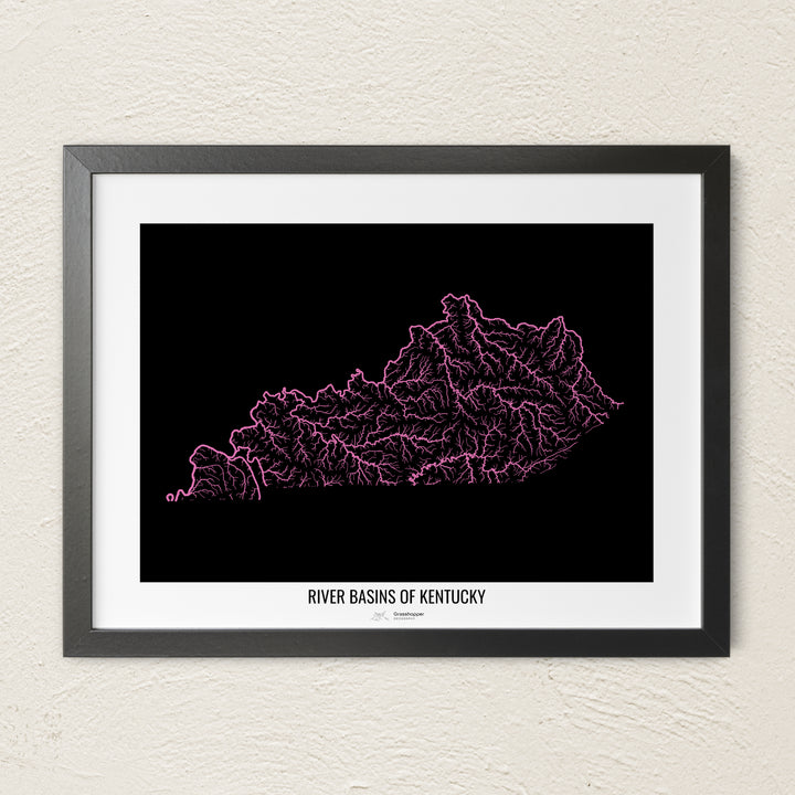 A colorful Grasshopper Geography river map on a light wall. The premium fine art poster is in a black frame with a white border. The name of the country, continent or region is printed under the image.