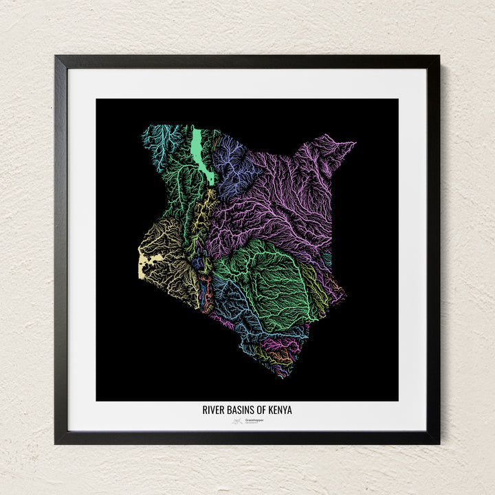 A colorful Grasshopper Geography river map on a light wall. The premium fine art poster is in a black frame with a white border. The name of the country, continent or region is printed under the image.