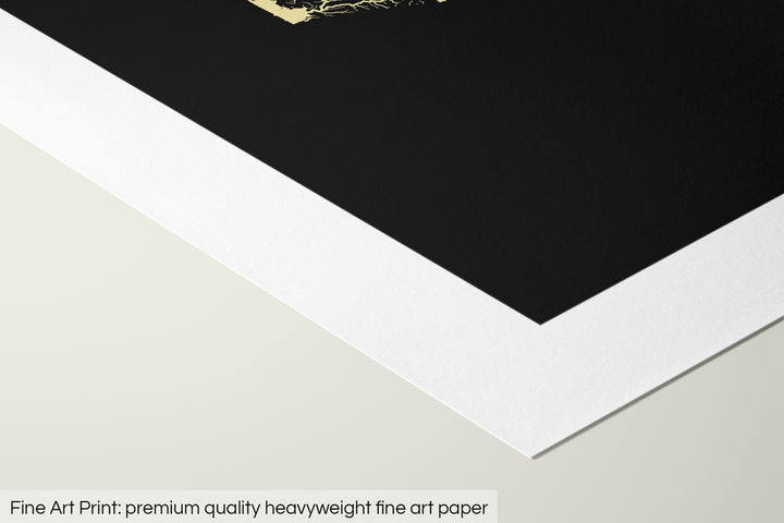 Closeup of a fine art print's corner lying on a flat surface, the details of a Grasshopper Geography map is visible. The text at the bottom reads: Fine art print - premium quality heavyweight fine art paper.