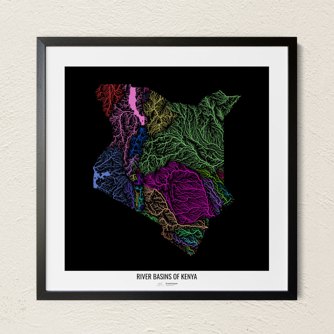 A colorful Grasshopper Geography river map on a light wall. The premium fine art poster is in a black frame with a white border. The name of the country, continent or region is printed under the image.