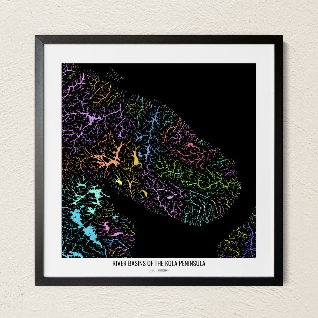 A colorful Grasshopper Geography river map on a light wall. The premium fine art poster is in a black frame with a white border. The name of the country, continent or region is printed under the image.