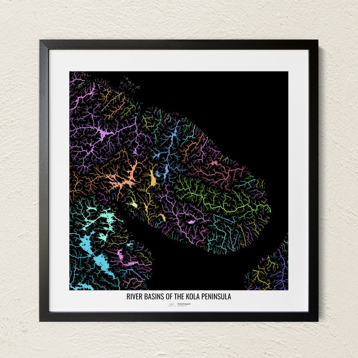A colorful Grasshopper Geography river map on a light wall. The premium fine art poster is in a black frame with a white border. The name of the country, continent or region is printed under the image.