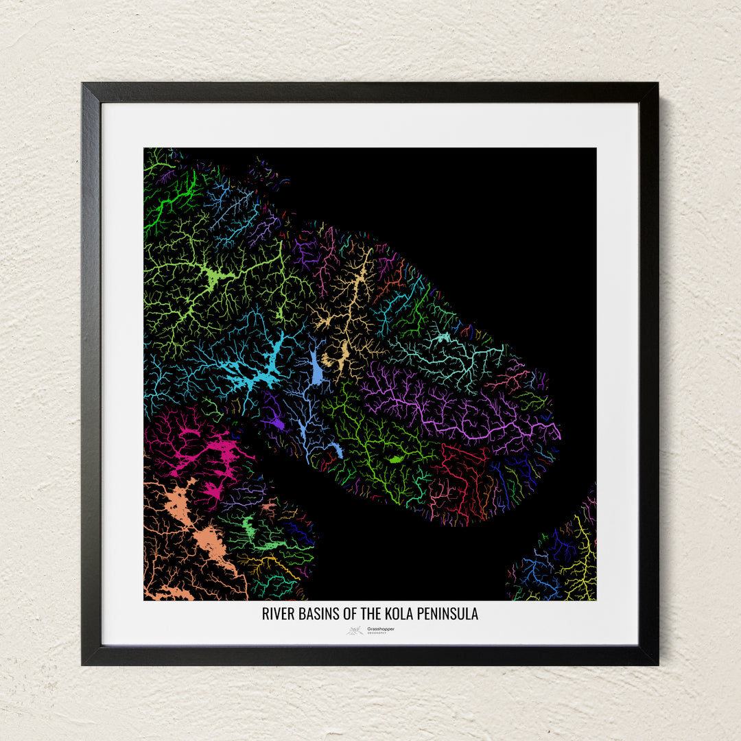 A colorful Grasshopper Geography river map on a light wall. The premium fine art poster is in a black frame with a white border. The name of the country, continent or region is printed under the image.