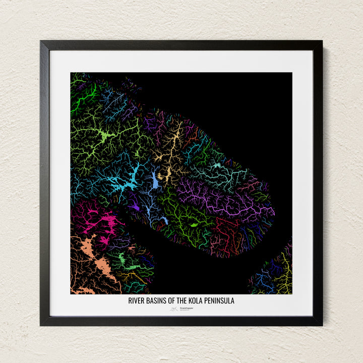 A colorful Grasshopper Geography river map on a light wall. The premium fine art poster is in a black frame with a white border. The name of the country, continent or region is printed under the image.
