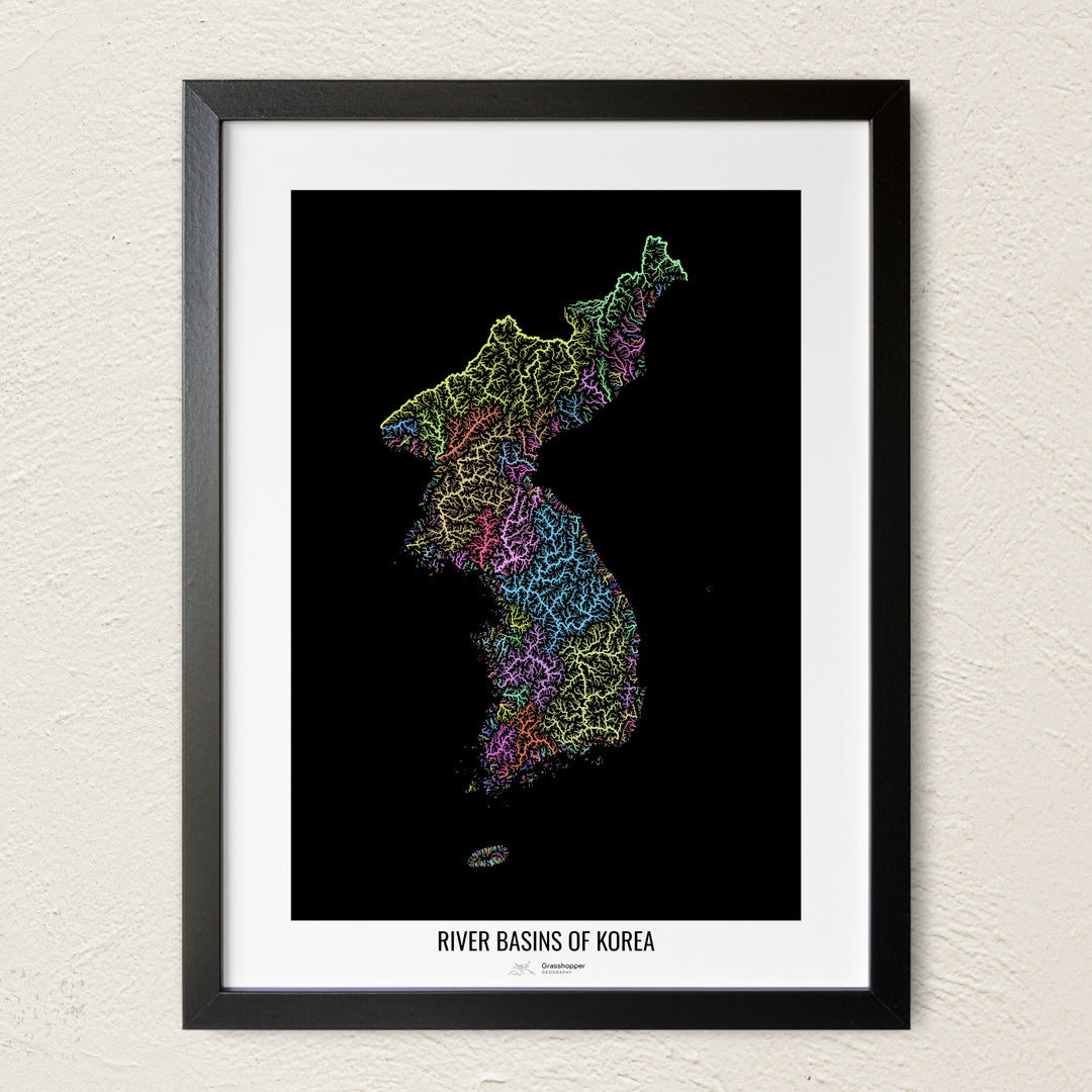 A colorful Grasshopper Geography river map on a light wall. The premium fine art poster is in a black frame with a white border. The name of the country, continent or region is printed under the image.