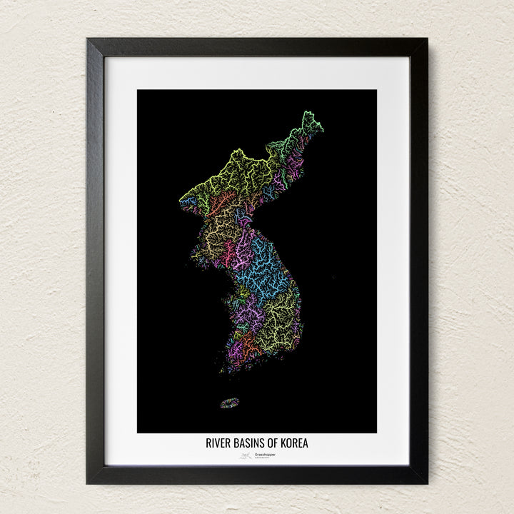 A colorful Grasshopper Geography river map on a light wall. The premium fine art poster is in a black frame with a white border. The name of the country, continent or region is printed under the image.