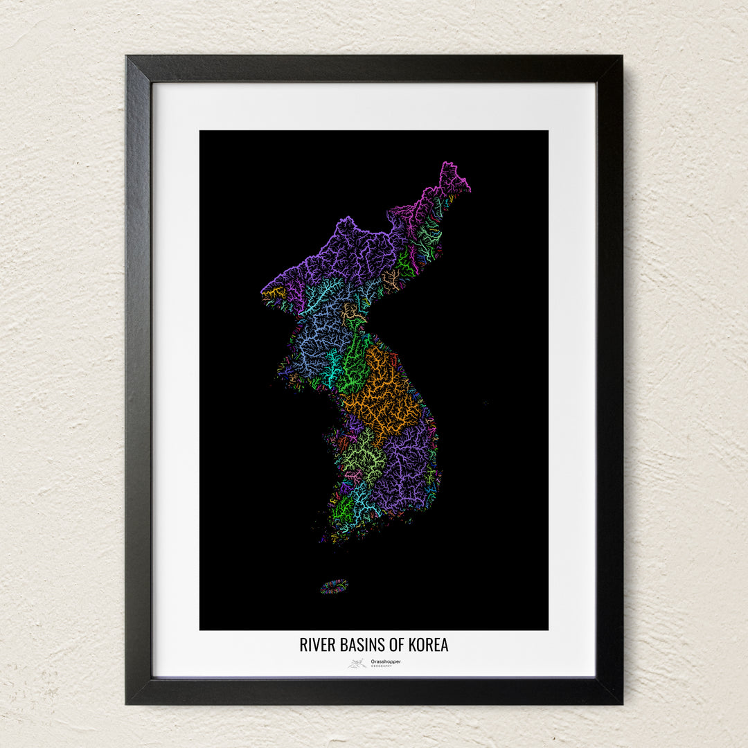 A colorful Grasshopper Geography river map on a light wall. The premium fine art poster is in a black frame with a white border. The name of the country, continent or region is printed under the image.
