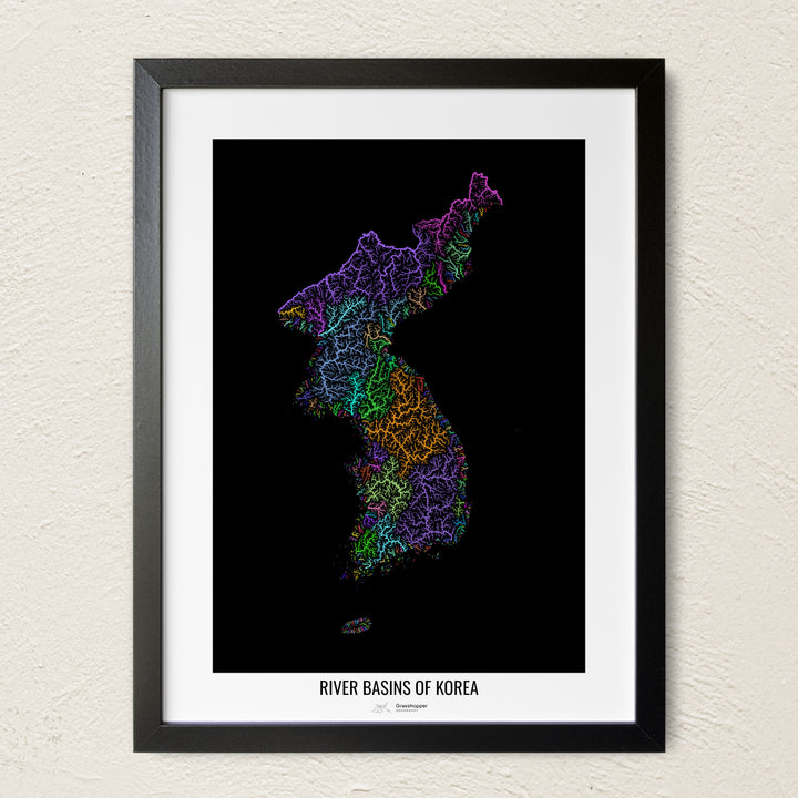 A colorful Grasshopper Geography river map on a light wall. The premium fine art poster is in a black frame with a white border. The name of the country, continent or region is printed under the image.