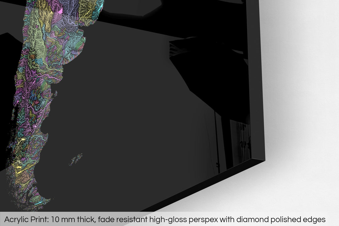 Closeup of an acrylic panel's corner, the details of a Grasshopper Geography map is visible. The text at the bottom reads: Acrylic print - 10 mm thick, fade reistant high-gloss perspex with diamond polished edges.