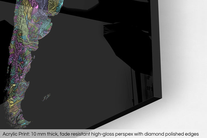 Closeup of an acrylic panel's corner, the details of a Grasshopper Geography map is visible. The text at the bottom reads: Acrylic print - 10 mm thick, fade reistant high-gloss perspex with diamond polished edges.
