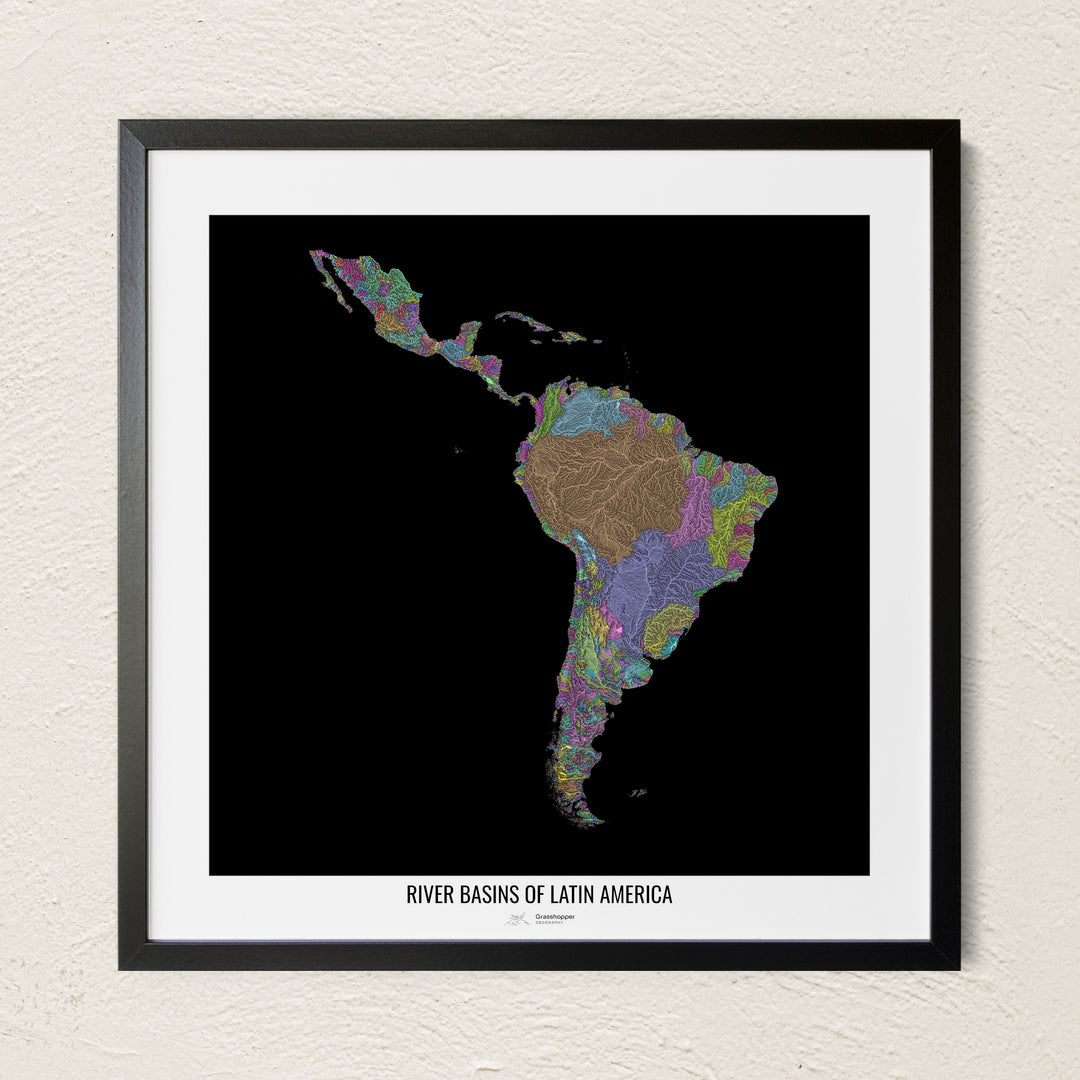 A colorful Grasshopper Geography river map on a light wall. The premium fine art poster is in a black frame with a white border. The name of the country, continent or region is printed under the image.