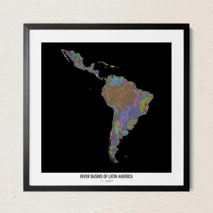 A colorful Grasshopper Geography river map on a light wall. The premium fine art poster is in a black frame with a white border. The name of the country, continent or region is printed under the image.