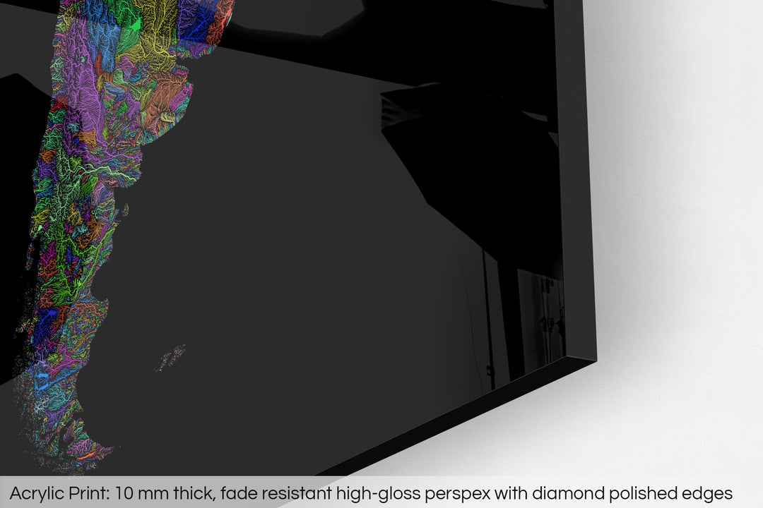 Closeup of an acrylic panel's corner, the details of a Grasshopper Geography map is visible. The text at the bottom reads: Acrylic print - 10 mm thick, fade reistant high-gloss perspex with diamond polished edges.
