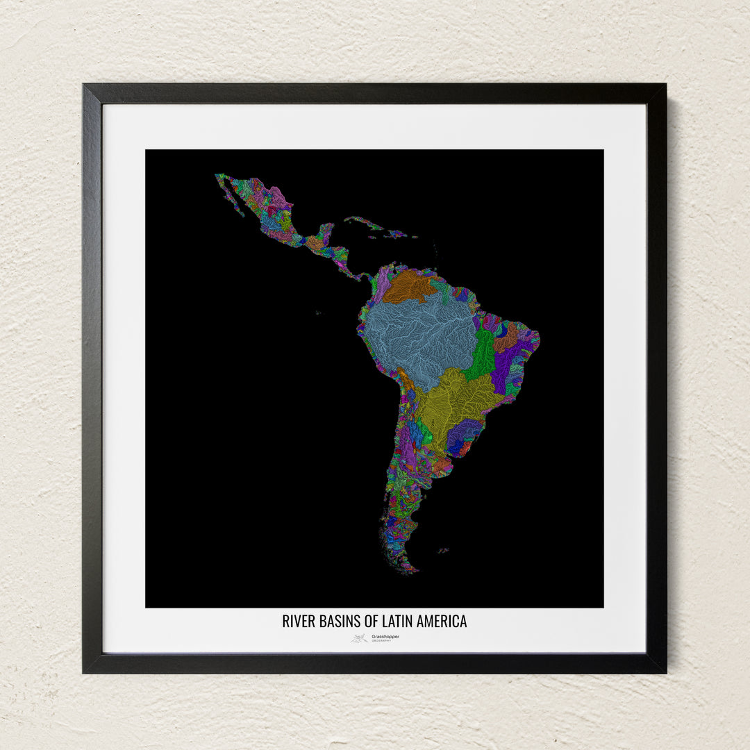 A colorful Grasshopper Geography river map on a light wall. The premium fine art poster is in a black frame with a white border. The name of the country, continent or region is printed under the image.