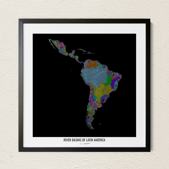 A colorful Grasshopper Geography river map on a light wall. The premium fine art poster is in a black frame with a white border. The name of the country, continent or region is printed under the image.