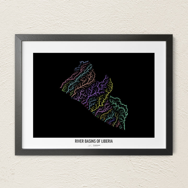 A colorful Grasshopper Geography river map on a light wall. The premium fine art poster is in a black frame with a white border. The name of the country, continent or region is printed under the image.