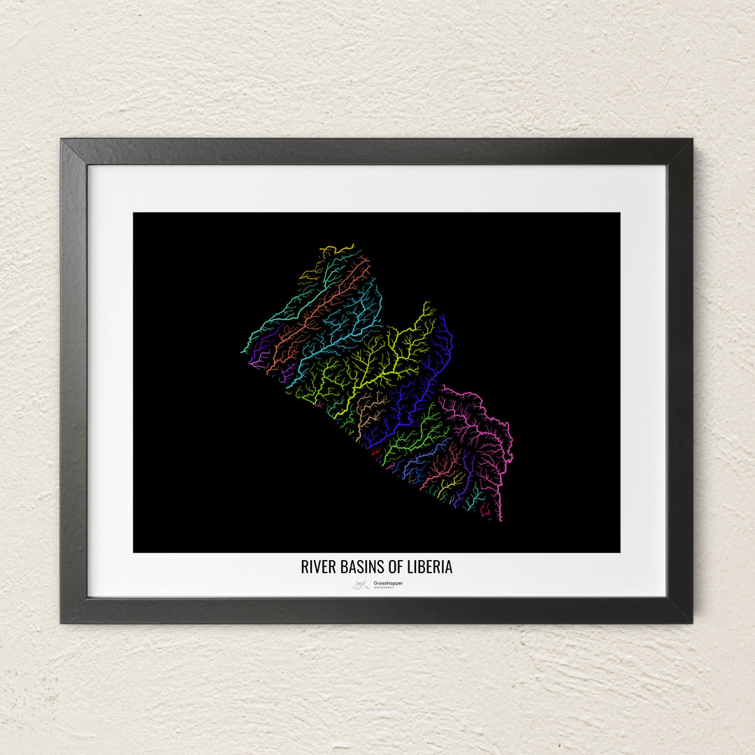 A colorful Grasshopper Geography river map on a light wall. The premium fine art poster is in a black frame with a white border. The name of the country, continent or region is printed under the image.
