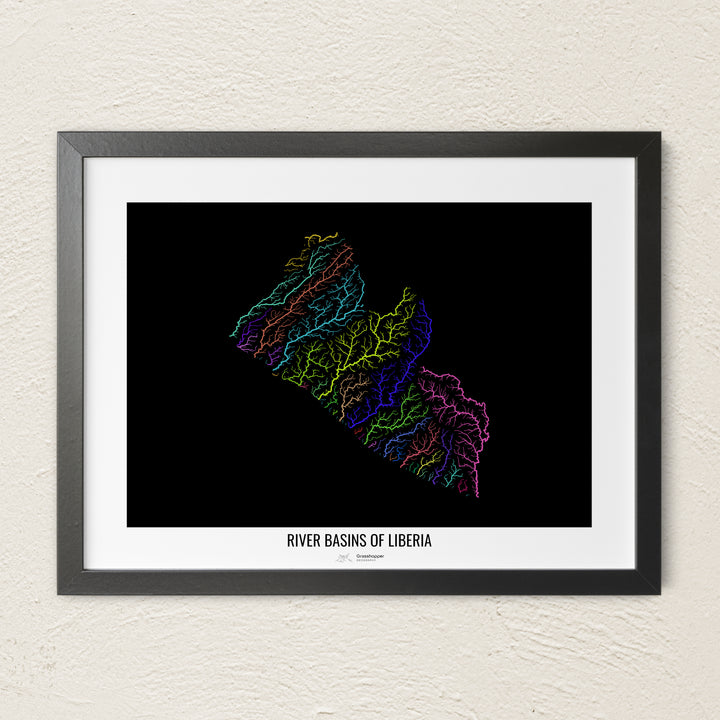 A colorful Grasshopper Geography river map on a light wall. The premium fine art poster is in a black frame with a white border. The name of the country, continent or region is printed under the image.