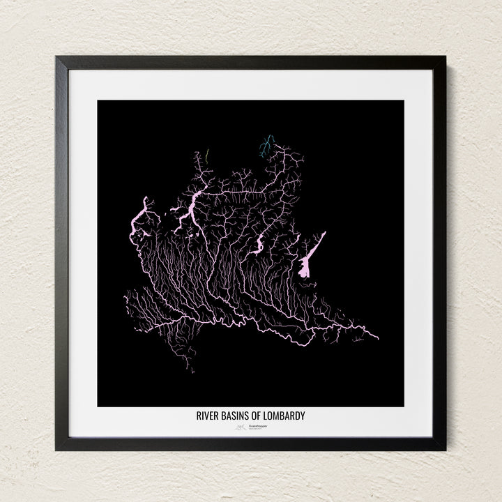 A colorful Grasshopper Geography river map on a light wall. The premium fine art poster is in a black frame with a white border. The name of the country, continent or region is printed under the image.