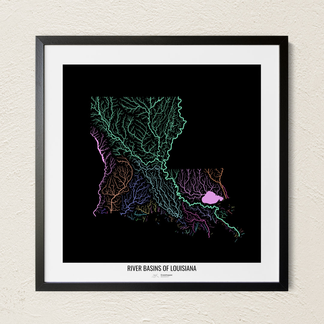 A colorful Grasshopper Geography river map on a light wall. The premium fine art poster is in a black frame with a white border. The name of the country, continent or region is printed under the image.