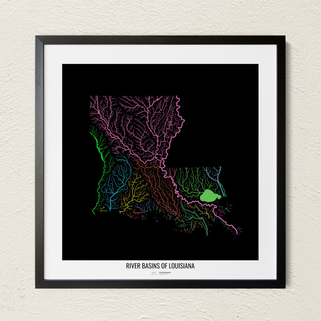 A colorful Grasshopper Geography river map on a light wall. The premium fine art poster is in a black frame with a white border. The name of the country, continent or region is printed under the image.