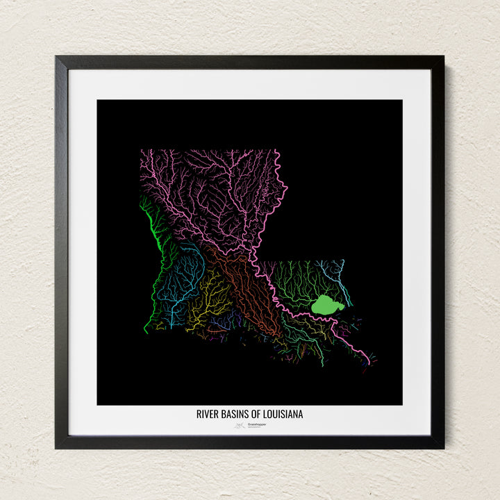 A colorful Grasshopper Geography river map on a light wall. The premium fine art poster is in a black frame with a white border. The name of the country, continent or region is printed under the image.