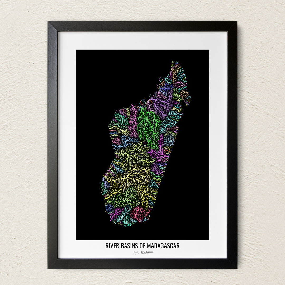 A colorful Grasshopper Geography river map on a light wall. The premium fine art poster is in a black frame with a white border. The name of the country, continent or region is printed under the image.