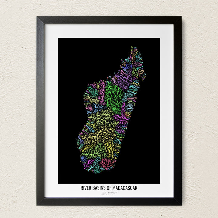 A colorful Grasshopper Geography river map on a light wall. The premium fine art poster is in a black frame with a white border. The name of the country, continent or region is printed under the image.