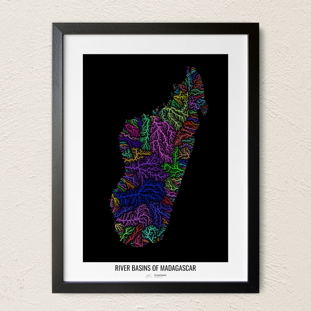 A colorful Grasshopper Geography river map on a light wall. The premium fine art poster is in a black frame with a white border. The name of the country, continent or region is printed under the image.