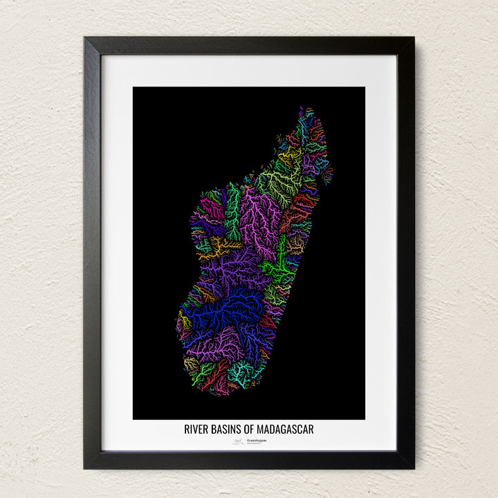 A colorful Grasshopper Geography river map on a light wall. The premium fine art poster is in a black frame with a white border. The name of the country, continent or region is printed under the image.
