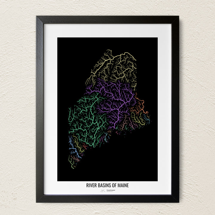 A colorful Grasshopper Geography river map on a light wall. The premium fine art poster is in a black frame with a white border. The name of the country, continent or region is printed under the image.