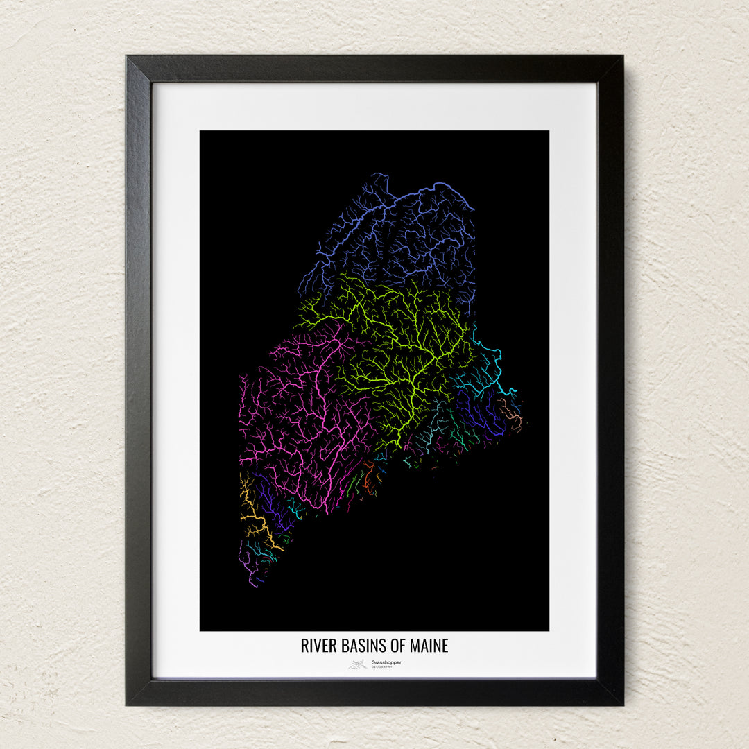 A colorful Grasshopper Geography river map on a light wall. The premium fine art poster is in a black frame with a white border. The name of the country, continent or region is printed under the image.