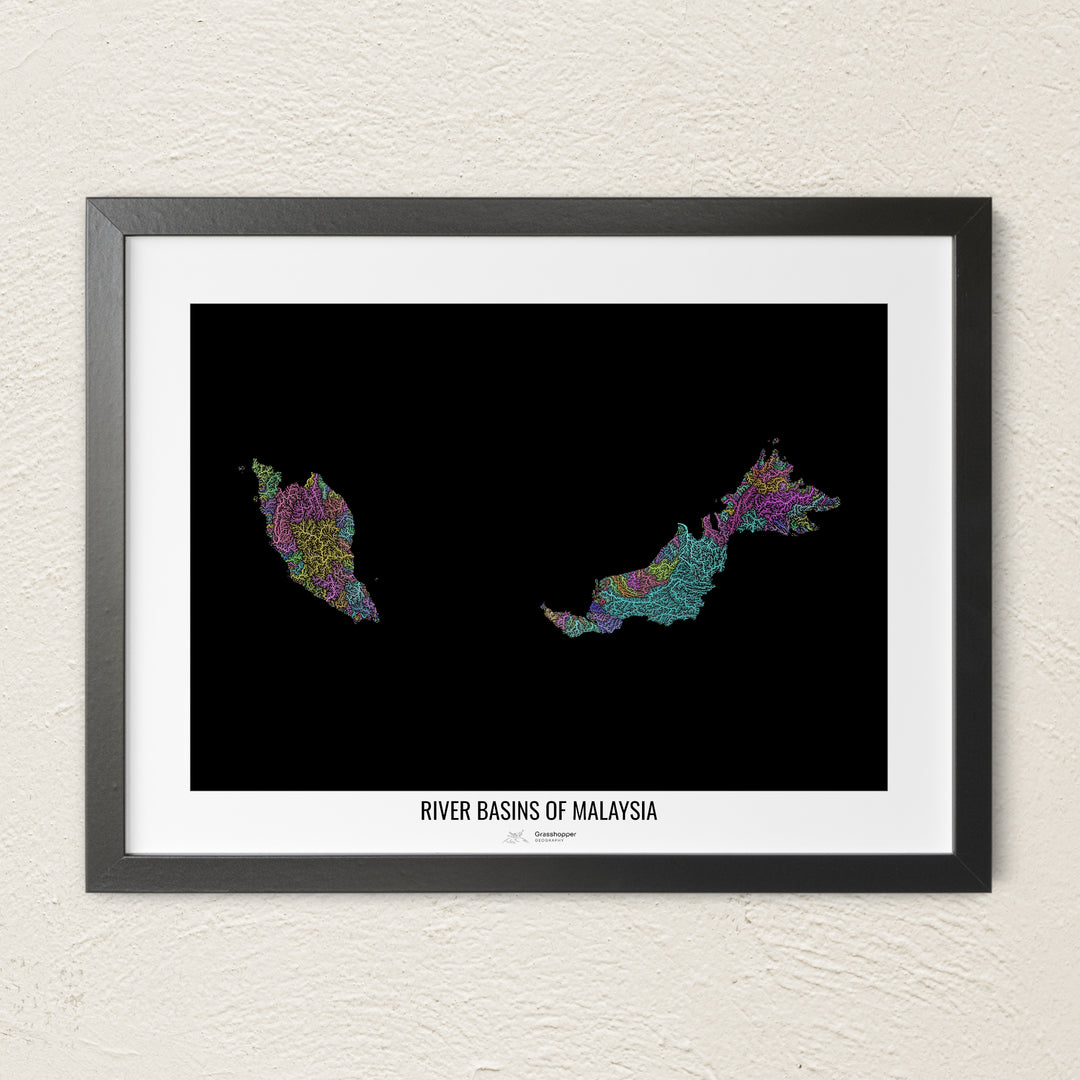 A colorful Grasshopper Geography river map on a light wall. The premium fine art poster is in a black frame with a white border. The name of the country, continent or region is printed under the image.