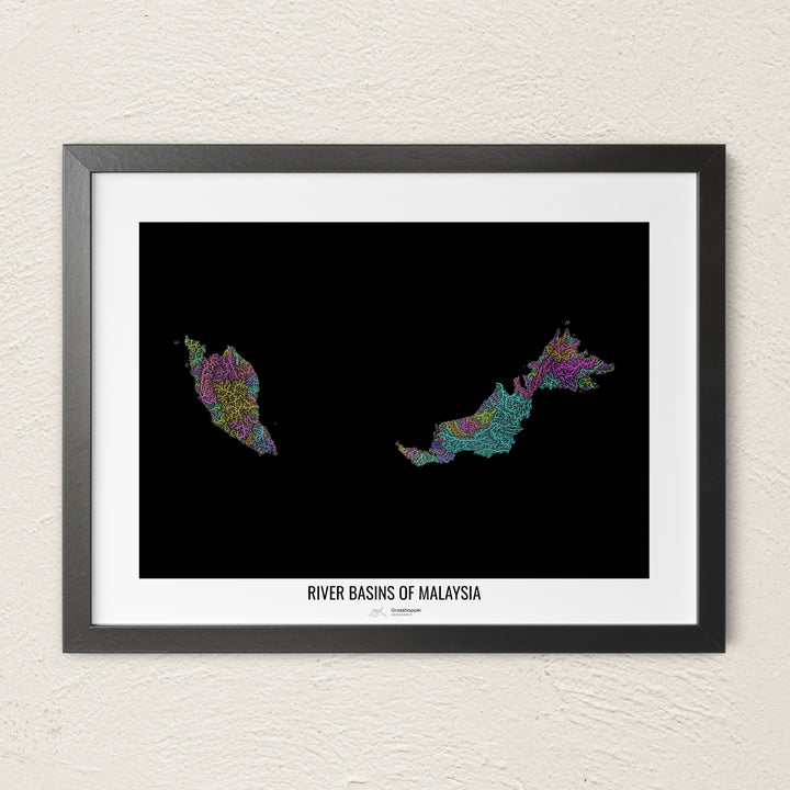 A colorful Grasshopper Geography river map on a light wall. The premium fine art poster is in a black frame with a white border. The name of the country, continent or region is printed under the image.