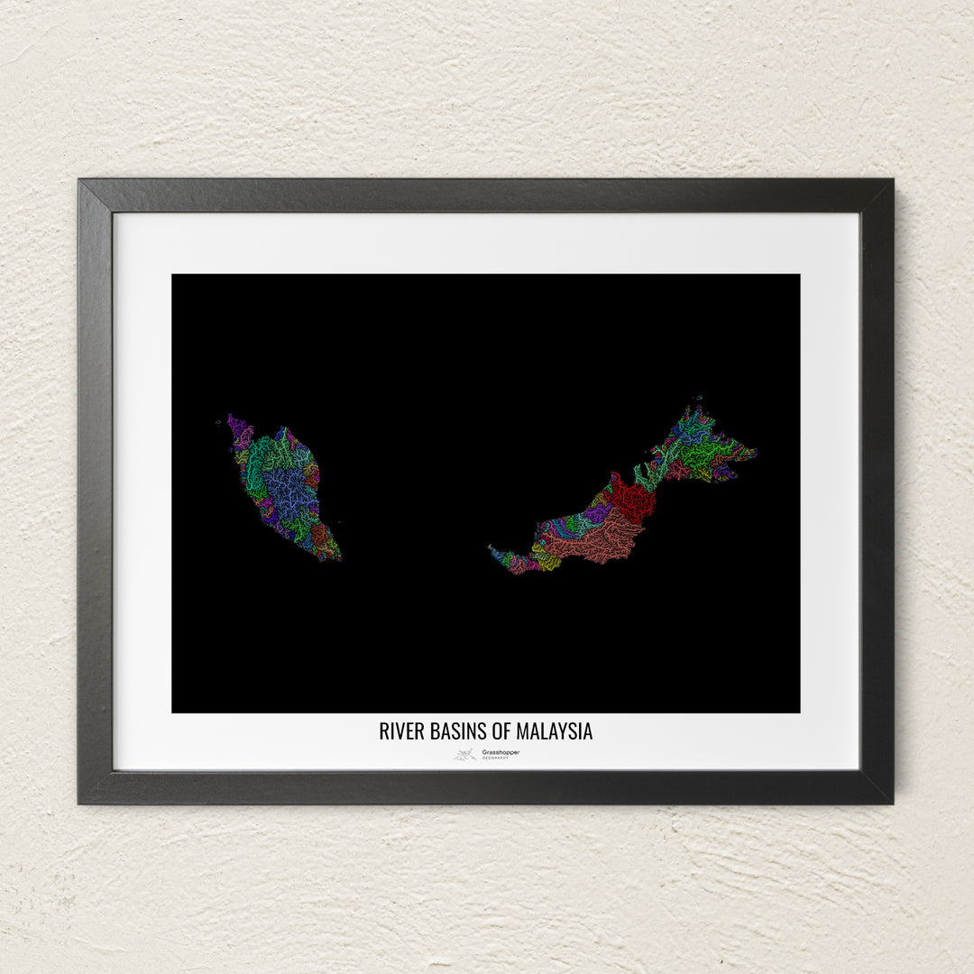 A colorful Grasshopper Geography river map on a light wall. The premium fine art poster is in a black frame with a white border. The name of the country, continent or region is printed under the image.