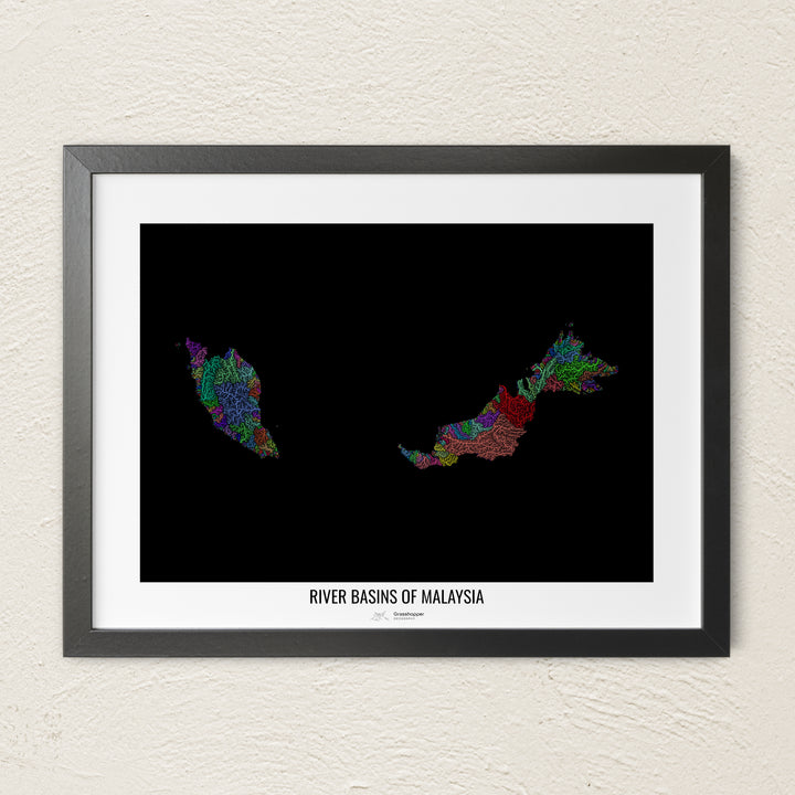 A colorful Grasshopper Geography river map on a light wall. The premium fine art poster is in a black frame with a white border. The name of the country, continent or region is printed under the image.