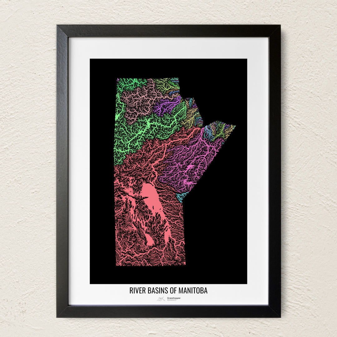 A colorful Grasshopper Geography river map on a light wall. The premium fine art poster is in a black frame with a white border. The name of the country, continent or region is printed under the image.