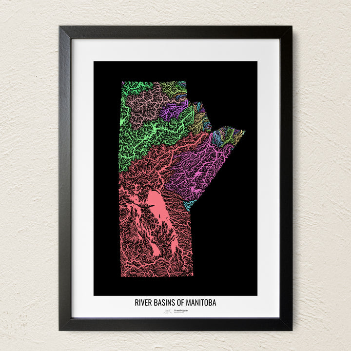 A colorful Grasshopper Geography river map on a light wall. The premium fine art poster is in a black frame with a white border. The name of the country, continent or region is printed under the image.