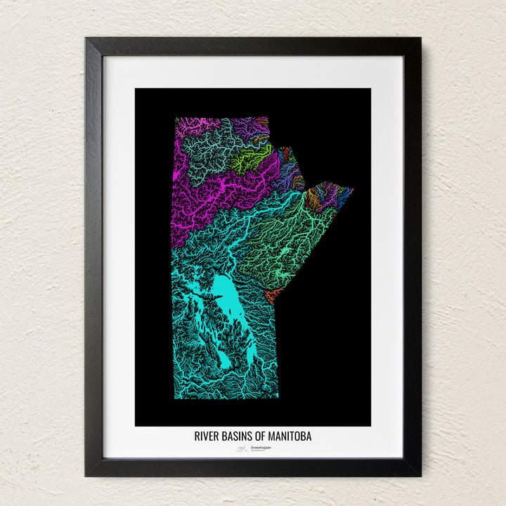 A colorful Grasshopper Geography river map on a light wall. The premium fine art poster is in a black frame with a white border. The name of the country, continent or region is printed under the image.