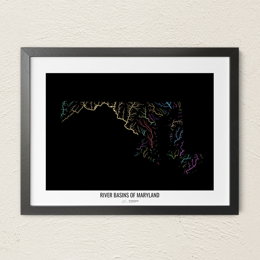A colorful Grasshopper Geography river map on a light wall. The premium fine art poster is in a black frame with a white border. The name of the country, continent or region is printed under the image.
