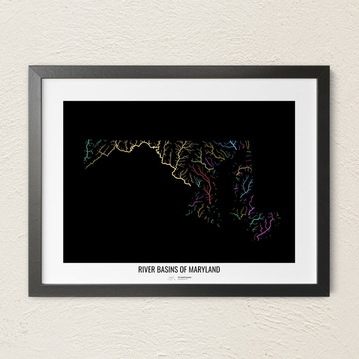 A colorful Grasshopper Geography river map on a light wall. The premium fine art poster is in a black frame with a white border. The name of the country, continent or region is printed under the image.