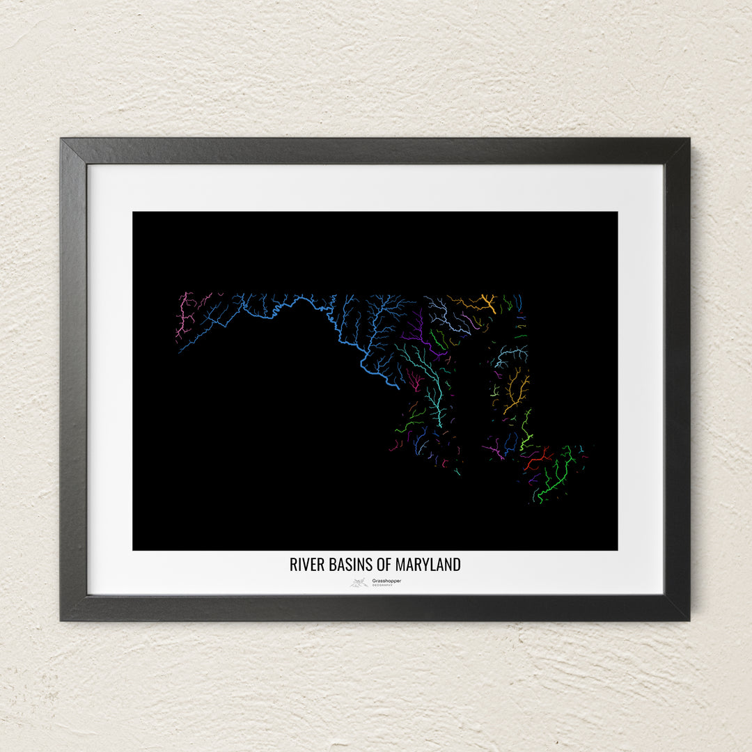 A colorful Grasshopper Geography river map on a light wall. The premium fine art poster is in a black frame with a white border. The name of the country, continent or region is printed under the image.